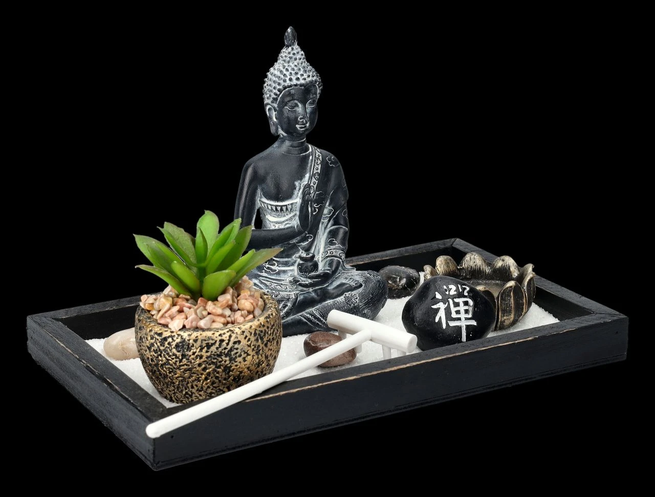 Buddha Figur Mit Zen Garten Schwarz-grau 4 Buddha Figur Mit Zen Garten Schwarz-grau – Bild 2