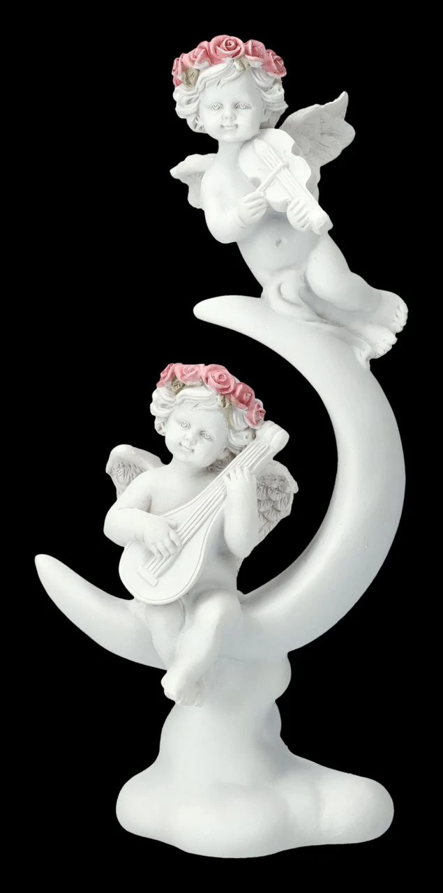 Engel Figur - Putten Musizieren Auf Mond 3 Engel Figur - Putten Musizieren Auf Mond