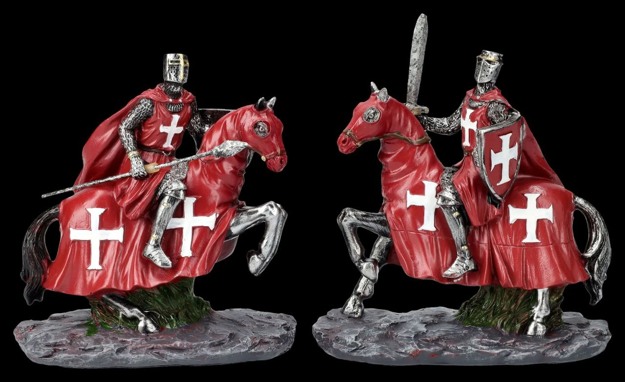 Ritter Figuren Set - Zwei Kreuzritter Auf Pferd Rot 3 Ritter Figuren Set - Zwei Kreuzritter Auf Pferd Rot